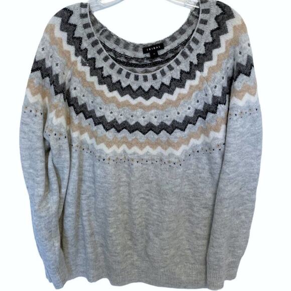 Tribal Fair Isle Gray Nordic Icelandic Raglan Pullover Sweater Size 3X - Picture 2 of 8